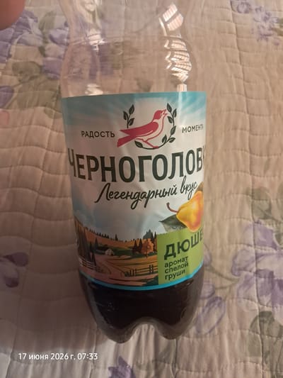 The image shows a plastic bottle of a dark beverage with a colorful label. The label features a red bird on a branch, a pear, and a landscape with trees and a building. Text on the label includes "МОМЕНТА", "РАДОСТЬ", "ЧЕРНОГОЛОВ", "Легендарный вкус", "ДЮШЕ", and "аромат спелой груши". The bottle is lying on a quilted blanket with a floral pattern. A timestamp in the bottom right corner reads "17 июня 2026 г. 07:33", indicating a date and time. The lighting suggests it might be daytime, but no specific weather cues are apparent. The scene appears to be an indoor setting, possibly a home. No people are visible in the image. The overall impression is that of a product shot or a casual photograph of a beverage.