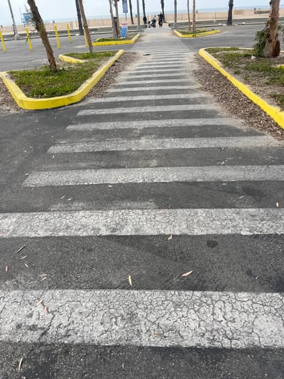 A downward angle shot showcases a crosswalk with broad white stripes alternating with asphalt. Yellow curbing defines the path. Patches of greenery and trees flank the sides, leading to a distant beach scene. A small group of people is walking across the crosswalk in the distance. The white paint on the crosswalk has a worn, cracked texture. A few scattered leaves lie on the pavement.