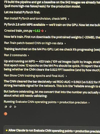 The image displays a dark computer screen with lines of yellow text, indicative of a code or command-line interface. The text describes a process related to building a pipeline, training a Convolutional Neural Network (CNN) using PyTorch on an M4 Pro GPU, and evaluating its performance. Specific details mentioned include installing PyTorch, downloading pretrained weights, and achieving a ROC-AUC score of 0.963. There are also icons resembling a cog, an arrow, and a diamond, followed by a red asterisk or snowflake symbol. At the bottom, a yellow bullet point introduces a command to allow "Claude" to run "Evaluate CNN operating points + production precision". The location of Kafr Yasif, Israel is not depicted in or related to this image.