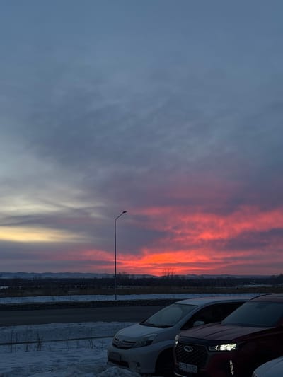 This image captures a winter scene at either sunrise or sunset in Sosnovoborsk, Russia. The sky dominates the upper two-thirds of the frame, displaying a dramatic gradient of colors. The uppermost section is a muted blue-grey with scattered clouds, transitioning downwards into vibrant shades of purple, pink, and intense red-orange, particularly prominent towards the right horizon. A narrow band of pale yellow light is visible on the far left horizon.
Below the sky, a distant line of dark hills or mountains is silhouetted. Further down, a strip of land covered with sparse, bare trees and vegetation runs horizontally across the midground. A paved road or highway is visible in the lower midground. A tall, dark street light pole stands prominently in the mid-left portion of the image, extending upwards into the colorful sky.
The foreground is covered in snow, with small, dry bushes and weeds protruding. Two vehicles are parked in the bottom right, facing towards the left. The first vehicle is a light-colored (likely silver or white) multi-purpose vehicle or sedan, with its front bumper, grille, and windshield visible. To its right, partially obscuring it, is a dark red SUV. The front right quarter of the SUV is visible, including its distinctive headlights and a partial Russian license plate displaying "О 979 TK 124". No individuals are present in the scene, and no specific actions or interactions are depicted.