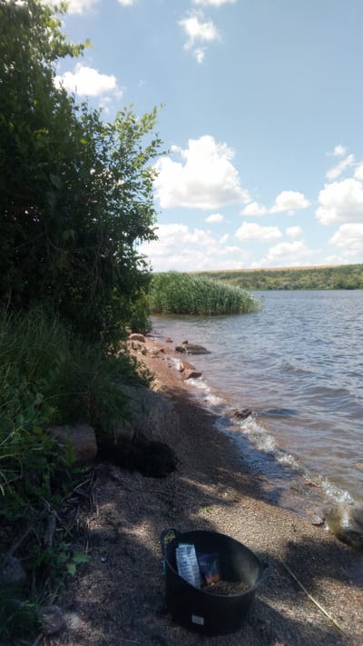 A partially shaded, rocky shoreline is visible on the left side of the image, with lush green foliage and trees overhanging the bank. The water's edge meets a pebble beach, where small rocks and sand are present. A black bucket containing several packages and what appears to be bait is situated in the foreground, partially shaded. To the right, a body of water with moderate ripples extends towards a distant shore characterized by tall green reeds and a rolling, grassy hillside under a bright blue sky dotted with white cumulus clouds. The overall scene suggests an outdoor environment, likely a natural setting near Buzke, Ukraine.