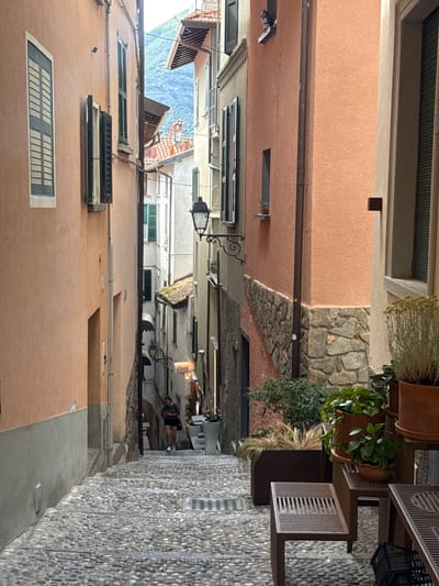This is a medium shot of a narrow, cobblestone street in San Giovanni, Italy. The street slopes downhill and is lined with buildings of varying heights and colors. The building on the left is painted a peachy orange, and the building on the right is a lighter, almost beige color. Both buildings have windows with green shutters. A woman in a dark shirt and shorts is walking down the street, looking at her phone. She is the only person visible in the image. There are several potted plants and some metal seating placed on the side of the street. The atmosphere is somewhat shadowed, indicating it might be late afternoon or an overcast day.