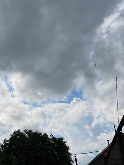 This media file, oriented vertically, depicts a view of the sky and a dark-leafed tree against a backdrop of dramatic clouds. The sky is a mix of dark, brooding storm clouds on the left and bright, puffy white clouds interspersed with patches of blue sky on the right. The contrast suggests a dynamic weather system, possibly transitioning from rain or overcast conditions to clearer skies.
In the upper portion of the image, a long, metallic antenna with a rectangular array is visible, extending horizontally across the frame and secured by wires. A small, dark bird is captured in mid-flight in the upper left quadrant, adding a sense of movement to the scene. The bottom right corner is dominated by the dense foliage of a large tree, its dark leaves creating a strong silhouette against the lighter sky.
Along the upper edge of the frame, a dark, sloped structure, possibly part of a building's overhang or roof, is present. A red circular sticker with white text is affixed to this structure, though the text is mostly illegible. Wires are also visible running down from this structure.
The overall impression is one of nature's power and beauty, with the sky as the main subject. The time of day appears to be daytime, given the brightness of the sky, but the presence of dark clouds suggests it could be later in the afternoon or that a storm is approaching or passing. The presence of the antenna suggests an outdoor setting, likely a residential or semi-rural area. No specific emotions are conveyed, but the dramatic cloud formations can evoke a sense of awe or anticipation. The location context is specified as "Средний, Russia."