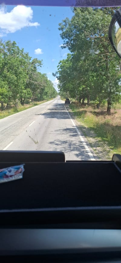 The image depicts a view from inside a vehicle, looking forward along a two-lane asphalt road that is lined with trees on both sides. The road is in fair condition with visible white lane markings. The sky is blue with scattered white clouds. In the distance, there are other vehicles visible on the road, including what appears to be a white van or truck and a dark-colored smaller vehicle or trailer parked on the side of the road. The surrounding environment consists of dry grass and vegetation on the sides of the road, with dense green foliage from the trees forming a canopy overhead in some areas. A black dashboard or interior element of the vehicle is visible in the foreground, with a crumpled packet of tissues or wrappers on the left side. The scene suggests a journey on a sunny day through a rural or semi-rural area. The location is Zgalevo, Bulgaria, as indicated by the prompt.