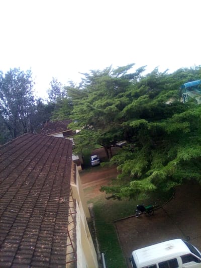 An elevated, downward-angled photograph depicts an outdoor scene in West Sakwa ward, Kenya, under an overcast sky. In the foreground, the dark brown tiled roof of a building extends diagonally from the lower left. Adjacent to this roof, a light-colored building wall, featuring a ladder-like structure, defines a courtyard or open area. Within this area, a light-colored sedan is parked on a reddish-brown dirt patch beneath a canopy of large, leafy green trees. A green and black motorcycle is positioned on a darker, possibly paved, surface next to a patch of grass. The front portion of a white van is visible in the lower right corner, also parked on a dark surface. Extensive green foliage, primarily large trees, dominates the right side and background of the image. A blue structural element, resembling part of a recreational slide or equipment, is visible above the trees in the upper right. The ground consists of a mix of reddish-brown dirt, green grass, and darker paved sections. No individuals are present; the scene is static.