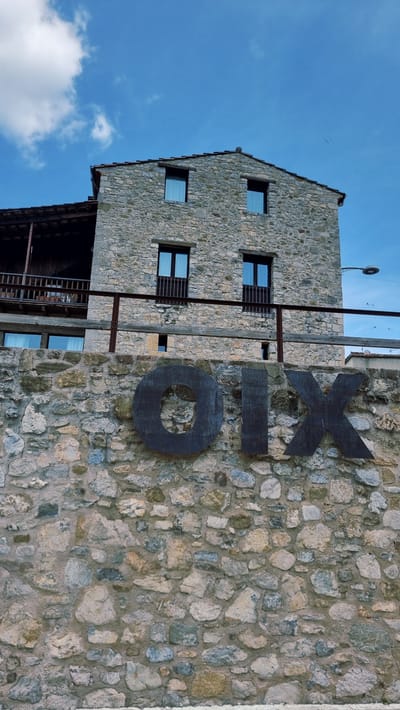 The image shows a building constructed with rough, grey stones. The building has a sloped roof and several square windows with dark frames. Some windows have metal grates. A dark wooden balcony or overhang is visible on the lower part of the building. To the right of the building, a large, dark metal sign is mounted on the stone wall. The sign consists of three separate letters: "X", "I", and "O", with the "X" being the largest and positioned above the other two. The letters appear to be made of thick, dark metal. The background is a bright blue sky with scattered white clouds, suggesting it is daytime. The image is oriented vertically. There are no people visible. The setting appears to be an outdoor architectural scene, possibly a historical building given the stone construction. The visible text on the sign spells out "XIO".