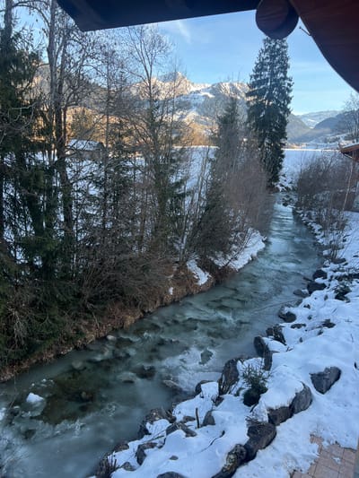 The image captures a winter scene in Saanen, Switzerland, viewed from an elevated vantage point. A partially frozen stream dominates the foreground and mid-ground, flowing from the background towards the viewer. The water is a mix of clear, flowing sections and light grey ice formations. Its banks are heavily covered in white snow, interspersed with rocks and vegetation. The left bank features a dense arrangement of evergreen trees and bare deciduous trees. The right bank primarily consists of snow-covered rocks with small conifers and deciduous shrubs.
Beyond the stream and trees, a wide, flat, snow-covered expanse stretches into the distance, possibly a frozen lake or a broad valley floor. The background is dominated by snow-capped mountains under a clear, bright blue sky. A tall, dark evergreen tree stands prominently on the mid-right. Architectural elements, including a dark overhead structure and a wooden support, frame the upper portion of the image. The lower right foreground shows a snow-covered rocky area adjacent to a partially visible paved or tiled surface. The scene is illuminated by daylight. No people are present.