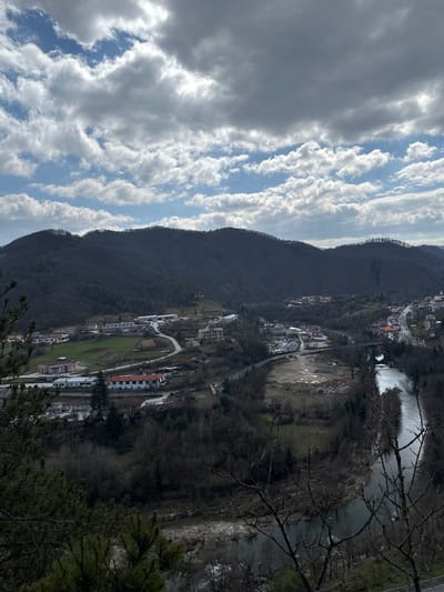 A high-angle panoramic photograph displays the town of Srednogortsi, Bulgaria, nestled within a river valley, framed by dark, densely forested mountains. The sky above is partially overcast with a dynamic arrangement of white and grey clouds revealing patches of blue. A river, likely the Topolnitsa, flows from the middle-right toward the lower-right, its surface reflecting the daylight.
The town occupies the valley floor and lower slopes, characterized by a mix of light-colored buildings, some with red roofs, others with grey. These structures are arranged along various roads that snake through the landscape. A multi-arched bridge, supporting a road, spans the river in the central-right portion of the image. Interspersed among the buildings are cultivated fields and patches of bare ground, alongside areas of sparse vegetation and dormant deciduous trees, suggesting late winter or early spring. No individuals are visible. The immediate foreground is partially obscured by dark green pine branches on the left and bare, tangled tree branches on the right.