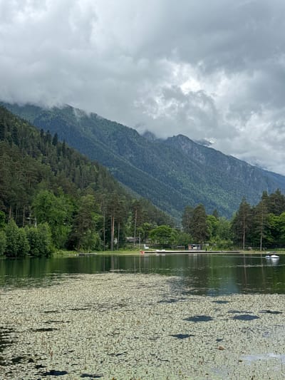 The image depicts a serene lake scene in Verkhnyaya Teberda, Russia. In the foreground, the surface of the lake is covered with a dense mat of lily pads, creating a textured, light green expanse. The water has a dark, reflective quality.
Beyond the lily pads, the lake's calm surface reflects the surrounding environment. Along the shoreline, a strip of green trees lines the water's edge. Further back, a steep, heavily forested mountainside rises, its slopes covered in a dense, dark green coniferous forest. The trees create a textured, undulating surface that leads up to the rugged mountain peaks. The upper parts of the mountains are shrouded in a thick layer of grey clouds, with some lighter patches indicating potential breaks in the overcast sky. The clouds cast a subdued, moody atmosphere over the landscape.
On the far side of the lake, near the shoreline, there are signs of human activity. A small dock or pier extends into the water. Several small buildings, possibly amenities or shelters, are visible along the shore. A few people can be seen on the dock and near the buildings. In the middle distance, a small white boat with two occupants is cruising on the lake, leaving a gentle wake. The overall impression is one of a tranquil natural setting with a subtle human presence.