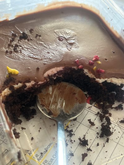 An overhead medium shot captures a partially eaten chocolate cake with frosting and cake crumbs in a clear plastic container. A metal spoon rests in the cake, revealing a swirl of frosting. Small red and yellow pieces are scattered on top of the frosting. The container is on a white surface with a grid pattern and some text in Russian. The location of Yakovlevskoye, Russia, is not visually discernible from the image.