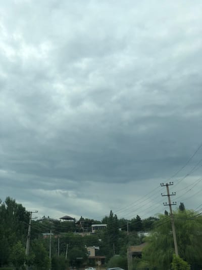 A grey, overcast sky dominates the upper portion of the image. Below the sky, a treeline with dense green foliage stretches across the middle ground, interspersed with buildings and utility poles. Several buildings are visible on a gentle slope, some with dark roofs. A prominent, dark-colored gazebo with a conical roof stands on the hilltop. Numerous power lines crisscross the scene, supported by concrete utility poles. One pole on the right side of the image features insulators and multiple crossbars. Lush green trees, including some with drooping branches, fill the lower and middle sections of the image, framing the buildings and infrastructure. A small, dark object, possibly a bird, is visible in the sky towards the center. The scene appears to be a residential area within or on the outskirts of Khujakent, Uzbekistan, on a cloudy day.