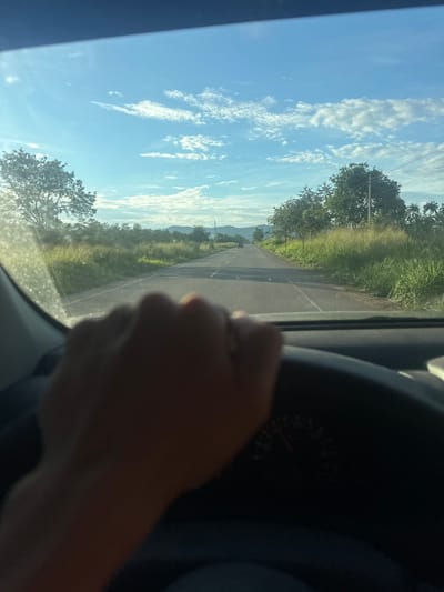 The image is a first-person perspective from inside a vehicle driving on a paved road through a rural landscape. The driver's hand is visible on the steering wheel, which is dark and appears to be a standard car steering wheel with a portion of the dashboard and instrument cluster visible. The road stretches ahead, with a white line marking the center. The surrounding environment consists of green vegetation, including tall grass and trees, on either side of the road. In the distance, hills or mountains are visible under a bright blue sky with scattered white clouds. The lighting suggests it is daytime, likely late afternoon or early morning due to the angle of the sun creating lens flare on the windshield on the left side of the image. There are a few other vehicles visible on the road in the distance. The scene appears to be in a rural area, possibly in the outskirts of a city like Picota, Peru, given the vegetation and the type of road.