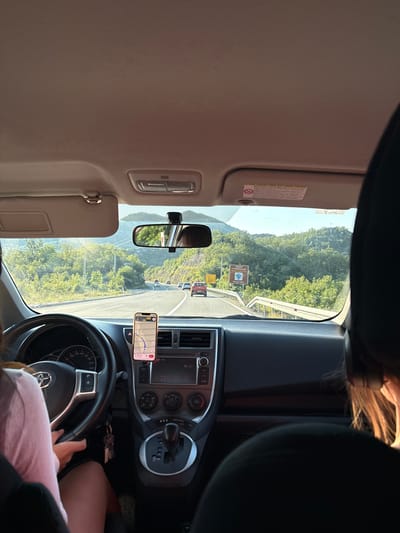 This is a first-person perspective image taken from inside a car driving on a road surrounded by lush green mountains. The driver, a person with blond hair, is visible from the shoulder down, wearing a pink shirt and holding the steering wheel. The dashboard displays a navigation app on a smartphone mounted in the center. The road ahead curves to the right, with other vehicles visible in the distance. A sign with Cyrillic text and a symbol of a blue grape bunch is seen on the right side of the road, indicating the location is in Donji Ulići, Montenegro. The sun is shining, casting a warm light on the landscape.