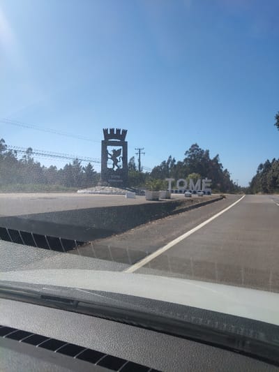 A roadside scene featuring a welcome sign for "TOMÉ" in large, blocky letters and a smaller monument with a lion emblem under a crown. These are placed on a median at the entrance to the town. The view is from inside a car, with part of the dashboard visible. A single white line marks the edge of the road, which stretches ahead under a clear blue sky. Trees line both sides of the road.