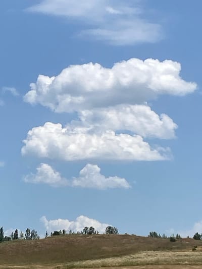 A wide-angle shot captures a bright, cloud-filled sky over a rolling, dry, brown hillside dotted with sparse green trees. The sky is a clear blue, with several large, puffy white cumulus clouds dominating the upper half of the frame. The clouds are layered, with the largest cloud formation taking up the center of the image, appearing somewhat like a large, fluffy creature. A thin strip of clouds is visible near the horizon. The hillside below is covered in dry grass and soil, with a row of dark green, thinly spread trees silhouetted against the sky along the crest of the hill. The scene appears to be a natural landscape, possibly in a rural area, with no people or man-made structures visible. The lighting suggests it is daytime, likely midday or early afternoon.