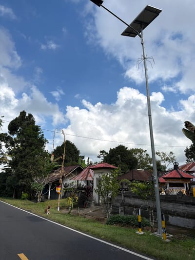 A street scene in Susut, Indonesia, features a tall, metallic pole with a solar panel at its apex, supporting a spider-like structure. To the left, a brown and white dog sits on a grassy verge beside a road. Behind the dog, houses with weathered roofs and traditional Balinese architectural elements are visible. Lush green trees and vegetation surround the houses, and a stone wall with decorative elements separates the property from the road. The sky is a vibrant blue, dotted with fluffy white clouds.