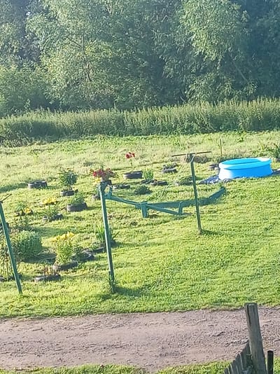 A bright blue inflatable pool sits on a grassy area near a wooded area. The pool is round and appears to be empty. In the foreground, a dirt path runs across the bottom of the image. There is a wooden fence on the right side of the path. The grassy area contains several small plants and what appear to be old tires used as planters. A green metal frame, possibly part of a swing set or play structure, is also visible in the grass. The overall scene suggests a rural or suburban backyard setting. This location is identified as Shumilina, Belarus.
