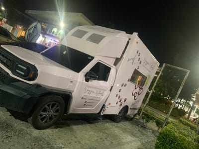 The image shows a white mobile pet grooming truck parked in what appears to be an outdoor setting at night. The truck has "Waggin' Wheels" and "MOBILE PET GROOMING" written on its side, along with paw prints and images of dogs. There are also contact details including a phone number and a social media handle.
The truck itself is the primary subject, a commercial vehicle designed for providing pet grooming services. It's a light pink color with various graphics and text. One of the rear wheels is clearly visible. In the background, there are trees, a building with illuminated windows, and some streetlights, suggesting an urban or commercial area. The lighting from the streetlights and possibly the truck's own lights creates a somewhat bright, artificial illumination against the dark night sky.
There are no people visible in the image. The setting appears to be a paved area, possibly a parking lot or a sidewalk, adjacent to some greenery. The overall impression is that the truck is parked and ready for business, or perhaps has just finished a day's work. The bright lights in the background and the dark sky indicate it's nighttime. The presence of the Toyota logo on the truck's grille suggests its manufacturer. The text on the truck indicates the name of the business, its service, contact information, and a social media presence.