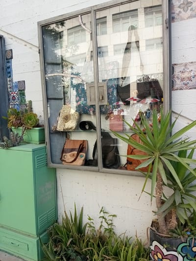 This image depicts a storefront display window in Be'er Sheva, Israel, showcasing various handbags and accessories. The display is set against a textured white wall adorned with decorative tiles. To the left, a vibrant green metal cabinet is visible, topped with a green planter containing succulents. The window itself, framed in grey metal, reveals an assortment of bags, including a patterned clutch, a two-toned leather crossbody bag, a brown leather backpack, and several other items. Reflections in the glass show a building with multiple windows, suggesting an urban environment. A tall, spiky plant in a decorative pot stands in front of the display, partially obscuring the view of some items. The overall scene suggests a small boutique or shop.