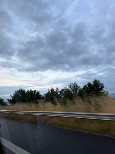 The image presents a dynamic landscape captured from inside a moving vehicle, likely in Radinovo, Bulgaria. The perspective is oriented as if looking out a side window, with elements stretched horizontally due to rotation (or vertically in the original file). When viewed in a typical landscape orientation (rotated 90 degrees counter-clockwise), the scene unfolds with a road in the foreground, leading towards a natural boundary and an expansive sky.
In the bottom section, a dark asphalt road occupies the foreground, featuring a distinct white solid line along its right edge. Immediately adjacent to the road, a silver metallic guardrail runs horizontally across the frame, acting as a barrier. Behind this guardrail, a brownish-yellow embankment, possibly covered in dry grass or earth, stretches into the mid-ground. A line of dark green trees with significant motion blur, suggesting high speed, grows along the top of this embankment.
The upper portion of the image is dominated by an overcast sky, filled with heavy, dark grey clouds. Towards the horizon, above the tree line, a lighter strip of sky is visible, indicating either dawn, dusk, or a break in the cloud cover. Reflections or distortions, likely from the vehicle's window, appear as light, curved shapes in the top-left area of the sky. The overall lighting suggests an overcast day or a period of low light. There is no visible text in the image.