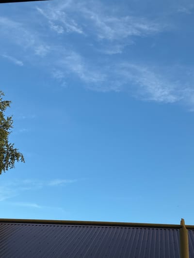 This image captures a clear blue sky with sparse, wispy clouds, suggesting fair weather. The lower right portion of the frame shows a section of a dark, corrugated metal building with a yellow-green gutter running along its edge. The building's surface is textured with diagonal lines. In the lower portion of the image, the top of a leafy green tree is visible, with its branches swaying slightly, possibly due to a light breeze. The scene is likely outdoors, possibly in a residential or industrial area, given the presence of the building and the tree. The lighting and the clear sky suggest it is daytime, likely morning or afternoon. There is no visible text in the image. The composition is a low-angle shot, looking upwards towards the sky. The location context is Kinel, Russia.