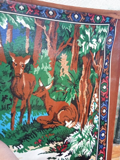 A close-up, overhead shot displays a tapestry depicting a forest scene with two deer. The left deer stands facing forward, while the right deer is lying down. The tapestry features a border with a repeating geometric pattern in blue, white, red, and black. The scene is illuminated by natural light. The tapestry is draped over a wooden surface. The location is identified as Озёрки ауылдық округі, Kazakhstan.