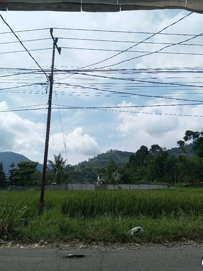 The scene depicts a daytime landscape in Namthoung, Laos, observed from a slightly elevated, covered vantage point. In the immediate foreground, the top edge of a light-colored overhead structure or awning is visible. Below this, a dense network of dark electrical or communication wires crisscrosses the sky, connected to and supported by a single dark utility pole situated slightly left of the image center. The sky is partially clear blue with scattered white cumulus clouds.
The midground features a paved asphalt road surface at the bottom of the image, showing wear and a distinct pothole near the left. The road edge is bordered by overgrown green grass and weeds. To the right of the utility pole, a field of lush green, vertically-oriented plants, consistent with rice paddies, extends horizontally across the scene. Behind this field, a low, light-colored concrete block wall marks a boundary. Beyond the wall, various trees, including palm-like species and conifers, are present, partially obscuring distant structures. One light-colored building with a dark roof is faintly visible behind the wall and trees on the left side of the midground.
The background is dominated by rolling green mountains covered in dense vegetation, some areas exhibiting terraced patterns. No individuals or active subjects are discernible within the frame. A crumpled white plastic bag rests among the weeds on the right side of the road shoulder.