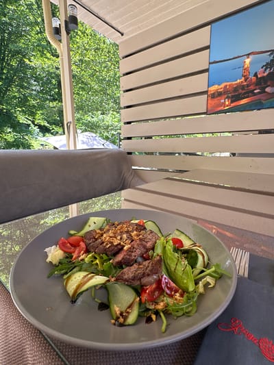 This media file captures an outdoor dining scene, likely on a patio or terrace. The primary focus is a plate of food, appearing to be a steak salad, placed on a textured placemat. The salad consists of sliced steak, mixed greens, cucumber, and tomatoes, drizzled with a dark sauce. A fork rests on the placemat to the left of the plate.
In the background, wooden slatted structures suggest a covered outdoor area or a deck. Beyond this, lush green foliage and trees indicate a natural, possibly wooded, environment. The bright sky visible above the greenery suggests it's daytime, with clear weather.
A notable detail is a framed image or artwork on the wooden slats, depicting what appears to be a European cityscape with a tower and people dining outdoors. To the right of the plate, a dark gray napkin or menu is visible, featuring red embroidered text that is partially obscured but appears to read "Groga."
The overall impression is one of a pleasant outdoor meal in a relaxed setting, possibly at a restaurant or a private home with a view of nature. The lighting suggests a sunny day. The scene is devoid of people, focusing solely on the food and the immediate surroundings.