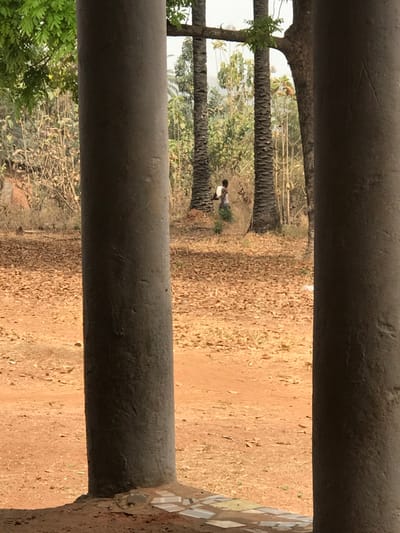 The image displays an outdoor scene in Egboje, Nigeria, framed by two prominent, textured grey cylindrical concrete pillars. The pillars anchor into an orange-brown dirt foreground, with a small section of geometric mosaic tiles visible at the bottom between their bases. The midground features a reddish-brown dirt terrain, heavily strewn with dry, light brown and orange leaves. In the distant midground, an individual is observed from behind, positioned slightly right of center. This person wears a light-toned top and darker lower garments, carrying a distinct white rectangular object on their back. They stand amidst an environment characterized by several tall, slender trees with visibly segmented trunks, consistent with palm trees, and various lighter, dry scrub vegetation. The background beyond the tree line is indistinct, under a pale, hazy sky.