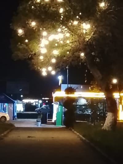 The image depicts a nighttime scene in the city of Sabir Rakhimov, Uzbekistan. A paved pathway stretches into the distance, lined on one side by a strip of grass. Streetlights illuminate the area, with the light sources appearing as blurred, glowing orbs. In the middle distance, a series of buildings with brightly lit storefronts are visible. A car is parked near one of the buildings. Trees with decorative string lights obscure some of the buildings. No people are clearly visible in the image. A green utility box stands next to the pathway. The overall lighting suggests an urban setting at night.