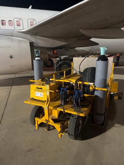 The image shows a nitrogen cart positioned next to the wing of a large aircraft. The cart is yellow and has two grey nitrogen cylinders mounted on top. There are several tires visible on the cart, along with hydraulic equipment. The aircraft is white with a visible wing and fuselage. The setting appears to be an airport apron or tarmac, possibly in Communauté rurale de Diass, Senegal. The lighting suggests it is dusk or night. There are no people clearly visible in the frame.