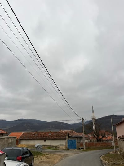 The image depicts a village street scene in Vishna, Bulgaria, under an overcast sky. Multiple dark utility lines traverse the upper portion of the frame diagonally from upper left to upper right. In the middle ground, a slender white minaret with a conical peak is visible on the right side, rising above a grouping of residential structures. These structures consist primarily of single-story houses with orange-brown tile roofs and light-colored facades. One specific house on the left features a distinctive blue double door. A gray, lidded waste bin stands in an open area between houses on the left. In the foreground, a dark asphalt road curves to the right, bordered on the left by an unpaved dirt area where a dark-colored hatchback vehicle and the front portion of a white vehicle are parked. Bare trees are visible near the minaret and within the village. Distant hills and mountains, covered in sparse vegetation, form the background horizon. No individuals are present in the scene.