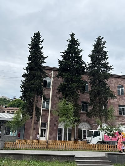 The image shows a building with red stone walls and arched windows, typical of Soviet-era architecture. Several tall, dark green coniferous trees are positioned in front of the building, obscuring some of its facade. A white truck with a colorful, likely advertising, wrap is parked near the entrance. A few people are visible in the scene, including a person in a red and white patterned dress standing near the truck, and another person in a white shirt visible through a glass door. A small, rustic wooden fence runs along the sidewalk in front of the building. The sky is overcast, suggesting a cloudy day. The scene appears to be an urban setting in Kapan, Armenia, given the provided location context. The overall mood is neutral, depicting a typical street view. There is some text visible on a sign on the truck and on a door, but it is not legible in this image.