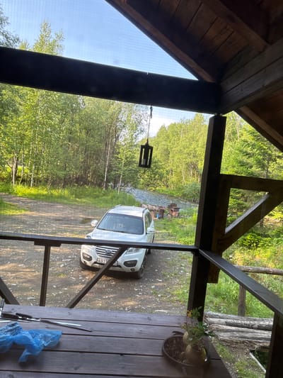 The image captures a serene view from a wooden balcony overlooking a natural landscape. A white SUV is parked on a gravelly area, with a lush green forest bordering the scene. A river flows gently in the background, accompanied by what appear to be several beehives and rusted metal barrels along its bank. A dark wooden structure, likely a gazebo or porch, frames the view. On the balcony in the foreground, a wooden table holds a blue plastic bag, a set of skewers, and a small vase with decorative berries and leaves. The sky is clear and blue, indicating a sunny day. The overall impression is one of a tranquil rural setting, possibly a dacha or a remote cabin in Bol'shaya Rechka, Russia.