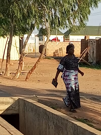 In Wuro Dole, Nigeria, a woman walks on a dirt path beside a concrete structure. She wears a black headscarf and a black and patterned dress with a white and purple sash. In her left hand, she carries a dark rectangular object, possibly a book or tablet. The background features trees, a brick wall, and buildings with green roofs. The lighting suggests it is late afternoon.