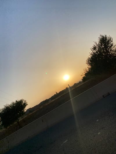 The image depicts a sunset scene from a roadside in Boukadir, Algeria. The sun, a bright yellow orb, is low in the sky, casting a warm, golden glow across the landscape. The sky transitions from a light blue at the top to a hazy orange near the horizon.
On the right side of the frame, a large, dark green tree stands silhouetted against the bright sky, its branches reaching upwards. Further in the background, along a slight incline, a line of buildings or structures is visible, also appearing dark due to the lighting conditions. A power line with poles runs along this incline.
On the left side of the frame, closer to the foreground, another smaller, dark green tree is present. In between the two trees, a concrete barrier runs diagonally across the image, separating the road from the elevated terrain. The road surface, composed of dark asphalt with visible small stones, occupies the lower portion of the frame, showing some scattered debris. A subtle lens flare emanates from the sun, creating a bright ray of light. The overall impression is one of a serene, natural landscape at dusk, viewed from a road.