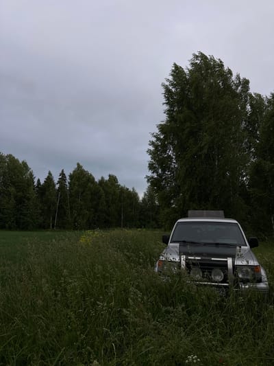 A silver SUV is partially obscured by tall, green grass in a rural setting. The vehicle has a dark hood and what appear to be auxiliary lights mounted on the front grille. Behind the car, a dense forest of green trees stretches across the horizon under a cloudy, overcast sky. The foreground is dominated by the lush grass, with some yellow wildflowers visible in the mid-ground. The overall impression is one of a remote, natural landscape. The location is identified as Shul'dikha, Russia. There are no people visible in the image.