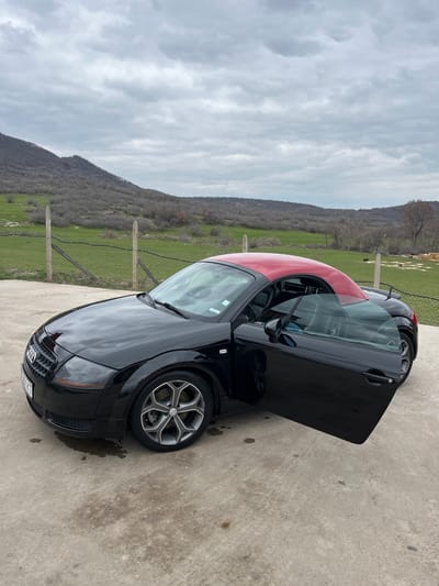 A black first-generation Audi TT Coupe with a red hardtop is parked on a grey concrete surface in Bryastovo, Bulgaria. The driver's side door is open. The vehicle features multi-spoke silver alloy wheels and a Bulgarian license plate (partially visible as "B6606 KT") on the front bumper. Dark liquid stains are present on the concrete near the front left tire. Behind the car, a wire fence with wooden posts separates the concrete from a green grassy field. In the background, rolling hills covered in sparse deciduous trees and green patches extend under an overcast sky filled with grey clouds. Several light-colored bales are visible in the far right midground of the field. No people are present.