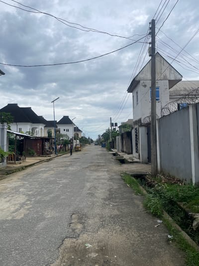 The image depicts a street scene in Rumuepirikom, Nigeria, under an overcast sky. The road is paved with asphalt and shows signs of wear, with patches of damage and cracks. On the left side of the street, there are several modern, white houses with dark, pitched roofs. Some of these houses have balconies and decorative architectural elements. Adjacent to the houses, there is a makeshift stall constructed from corrugated metal, with items displayed for sale and laundry hanging on a clothesline. A man is standing near the stall. Further down the street, a yellow three-wheeled auto-rickshaw is visible, and a few other vehicles are sparsely present in the distance.
On the right side of the street, there are concrete walls topped with barbed wire, suggesting a degree of security. Behind these walls, buildings with white facades and pitched roofs are visible. A prominent utility pole with numerous electrical wires is situated near the foreground on this side. A drainage channel runs alongside the road, with overgrown vegetation and some scattered debris. The overall impression is of a residential area with a mix of modern construction and some signs of underdevelopment or informal commerce.
