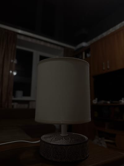 The image depicts a dimly lit interior scene, likely a bedroom or living area. The primary subject is a table lamp with a cream-colored fabric shade and a decorative base. The lamp is positioned on a wooden surface, with a white power cord extending to the left. In the background, a window with brown curtains is visible, showing darkness outside. To the right, wooden cabinetry and a dark television screen are present. Partially visible in the lower right corner is a domestic cat, appearing grey and white, peeking from behind the cabinetry. The overall atmosphere is dark and subdued, suggesting nighttime or low-light conditions. There is no specific information that can place this scene in Raivka, Ukraine.