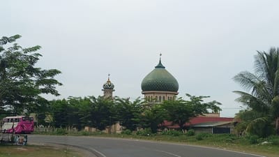 This media file depicts a mosque with two prominent domes, one larger and green, the other smaller and multi-colored, situated behind a line of lush green trees. To the left, a pink and white bus is parked on the side of a paved road. The scene suggests an overcast day, with a pale, hazy sky. The overall setting appears to be a rural or semi-rural area, possibly in Indonesia, given the presence of palm trees on the right. The mosque's architecture, with its distinct domes and minaret, is a focal point. The road curves gently in the foreground, leading the viewer's eye towards the mosque. There are no people visible in the frame, but the parked bus suggests a stop or a waiting area. The atmosphere is serene and quiet, with no indication of any specific event taking place. The light is diffused, typical of an overcast sky, casting a soft glow on the scene.
