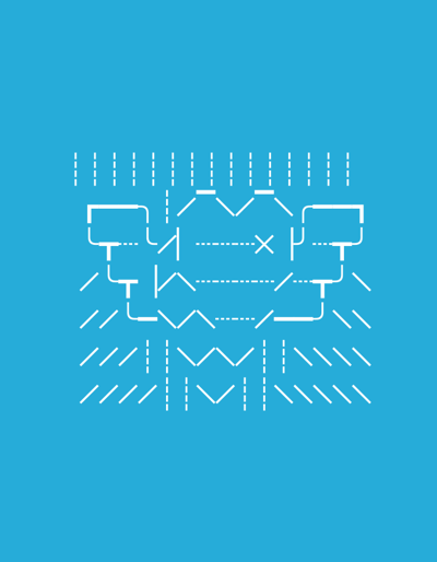 The image is a graphic design featuring a schematic representation of a circuit board or a flowchart. It is composed of white lines on a bright blue background. The lines form various shapes including rectangles, angles, and dashes, connected in a complex, geometric pattern. There are no people, objects, or environmental features recognizable as being from Balakovo, Russia, or any specific city. The image is purely abstract and symbolic.