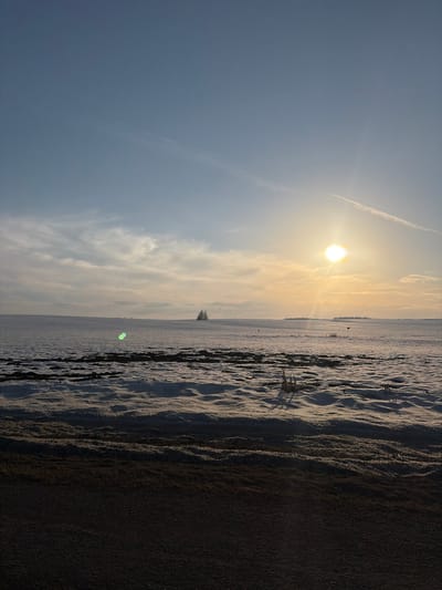 The image depicts a landscape under a bright sun, likely in Bol'shaya Sosnova, Russia. A clear sky with contrails is visible on the left. The ground is covered in snow with some dark, shadowed areas on the right. There are sparse, bare trees or bushes along the horizon and protruding from the snow in the foreground. The land appears flat and featureless beyond the immediate foreground. A small, undefined structure or object is visible in the snow-covered field.