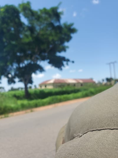 This is a close-up, slightly out-of-focus, upward-angled shot of a textured, light-colored fabric surface occupying the right side of the frame. The fabric has a rough, woven appearance and a visible seam runs down the center. To the left of the fabric, a blurred outdoor scene unfolds under a bright blue sky with scattered white clouds.
In the mid-ground, a lush green hedge or line of trees runs diagonally across the frame. Behind the greenery, a red-roofed building is partially visible, with some vertical structures that might be utility poles or part of another building further in the background. A dark green, leafy tree is prominent in the left portion of the frame, also out of focus. The lighting suggests it is daytime, likely mid-morning to late afternoon, with clear weather. The overall impression is one of an outdoor setting, possibly a roadside view with some vegetation and buildings. The location context is Mangu, Nigeria, but no specific text or identifiable landmarks are present in the image to confirm this. There are no people or animals visible in the frame.