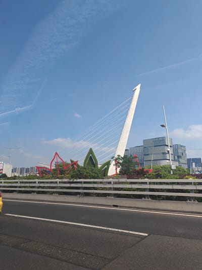 The image captures a scene in Qinhuai District, Nanjing, China. The view is taken from a moving vehicle, as suggested by the road in the foreground and possible reflections on the glass. A striking white cable-stayed bridge serves as a focal point. The bridge's single pylon rises sharply, with cables extending from it to support the bridge deck.

At the base of the bridge is a median adorned with green shrubbery, meticulously shaped into leaf forms, intermingled with vibrant red artistic elements. Buildings can be seen in the background, including a distinctive glass-clad office building. The sky is a clear blue, punctuated by wispy clouds. A lamp post stands to the right of the bridge. The foreground consists of a highway with lane markings. The scene seems to be captured during daylight under clear weather conditions. A portion of a yellow vehicle is visible on the left edge of the frame.