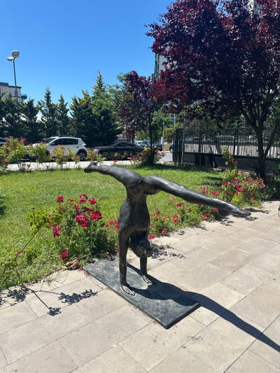 In the city of Sancaktepe, Turkey, a bronze sculpture of a gymnast performing a handstand is positioned on a paved area. The sculpture is dark in color and depicts the gymnast with one leg extended forward and the other bent. The gymnast is balanced on their hands. Behind the sculpture, a manicured lawn is bordered by red rose bushes in bloom. Further back, a black metal fence encloses an area with parked cars, including a white SUV and a dark sedan. Beyond the fence, trees with green and reddish-purple foliage are visible, along with a building. The sky is clear and blue.