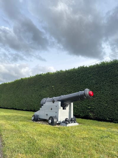 The image, correctly oriented, depicts an outdoor scene featuring a decorative cannon. The cannon, prominent in the foreground, is painted black and has a bright red cap covering its muzzle. It rests on a light grey or white carriage equipped with black wheels. Behind the cannon's barrel, several round black cannonballs are neatly stacked on the carriage.
To the right of the cannon, a tall, dense, and meticulously trimmed dark green hedge stretches across the middle ground, forming a clear boundary. Lush, green grass covers the ground to the left of the cannon, suggesting a well-maintained outdoor area. The sky above is largely overcast with grey clouds, indicating a cloudy daytime setting. A faint, thin dark wire or cable is visible against the sky in the upper left quadrant.
No people or discernible activity are present in the image. The scene is a static display, possibly part of a garden, park, or historical monument in Broadland, United Kingdom. There is no visible text.