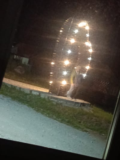 A person stands in front of a tall, arched sculpture illuminated by numerous lights. The sculpture appears to be made of vertical planks and is decorated with strings of bright lights. The person, wearing a light-colored shirt and dark pants, is facing away from the camera. The sculpture is situated on a raised platform in an outdoor area at night. In the background, there is grass and a dirt path. The scene is likely a public space, possibly a park or an attraction, within Zarubino, Russia.