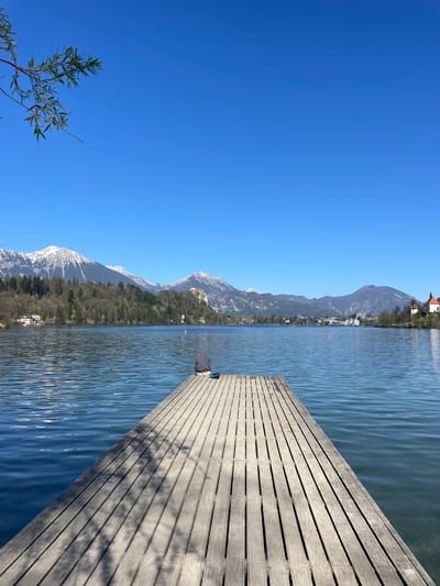 A landscape photograph, rotated 90 degrees counterclockwise, depicts a tranquil scene at Lake Bled, Slovenia. A wooden pier extends into the calm, blue water, showing clear reflections. Mountains, some capped with snow, form the backdrop. The town of Bled is nestled among the mountains, with a building with a red roof and spire visible. A clear blue sky fills the upper left of the image. A small tree branch with green leaves appears in the lower left corner. A person wearing a gray jacket and dark pants is visible standing at the end of the pier. An orange buoy is visible in the lake.