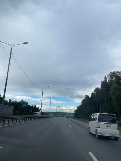 The image depicts a highway in Бавыкино, Russia. A white minivan is driving on the right lane. The highway has multiple lanes and is bordered by a metal guardrail on the left. Tall streetlights line the highway's median. Trees are present on both sides of the road. The sky is overcast with gray clouds.